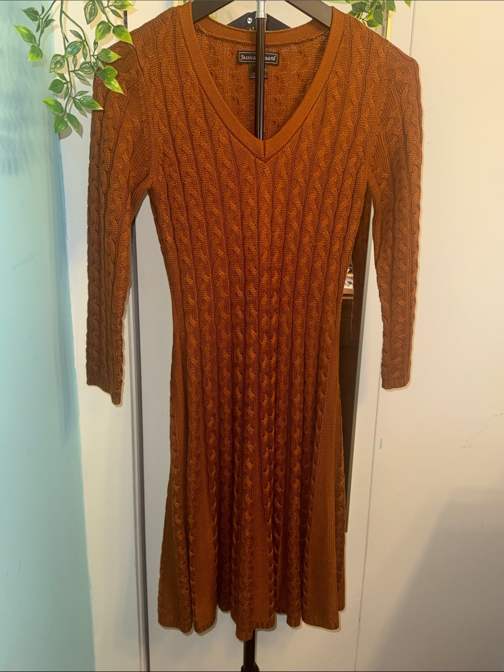 Jessica Howard Rust Cable Knit Sweater Dress Fit & Flare Small Fall Midi
